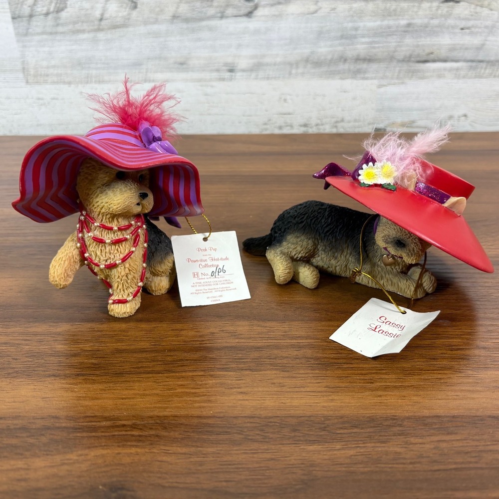 Hamilton Collection  Paws-itive Hat-titude Yorkie dog figurine Lot of 2